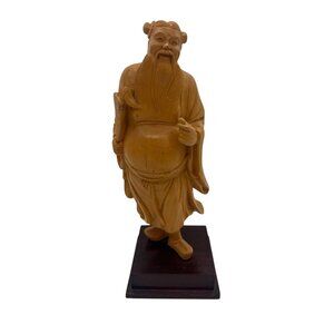 Hand-Carved Boxwood Sage Statue on Wooden Base 8″ Tall Chinese Elder Figure